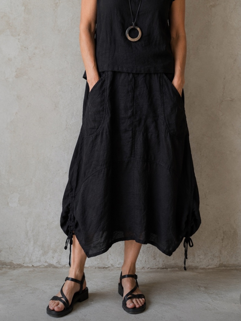 Wearables By XCVI Black Relaxed Linen Midi Skirt with Cinch Drawstring Accent